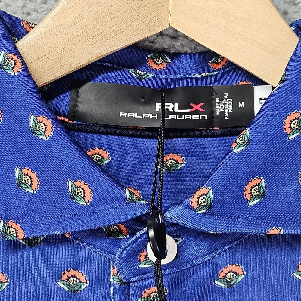 RLX Ralph Lauren Performance Polo Shirt M Blue Floral Micro Print NWT Wicking